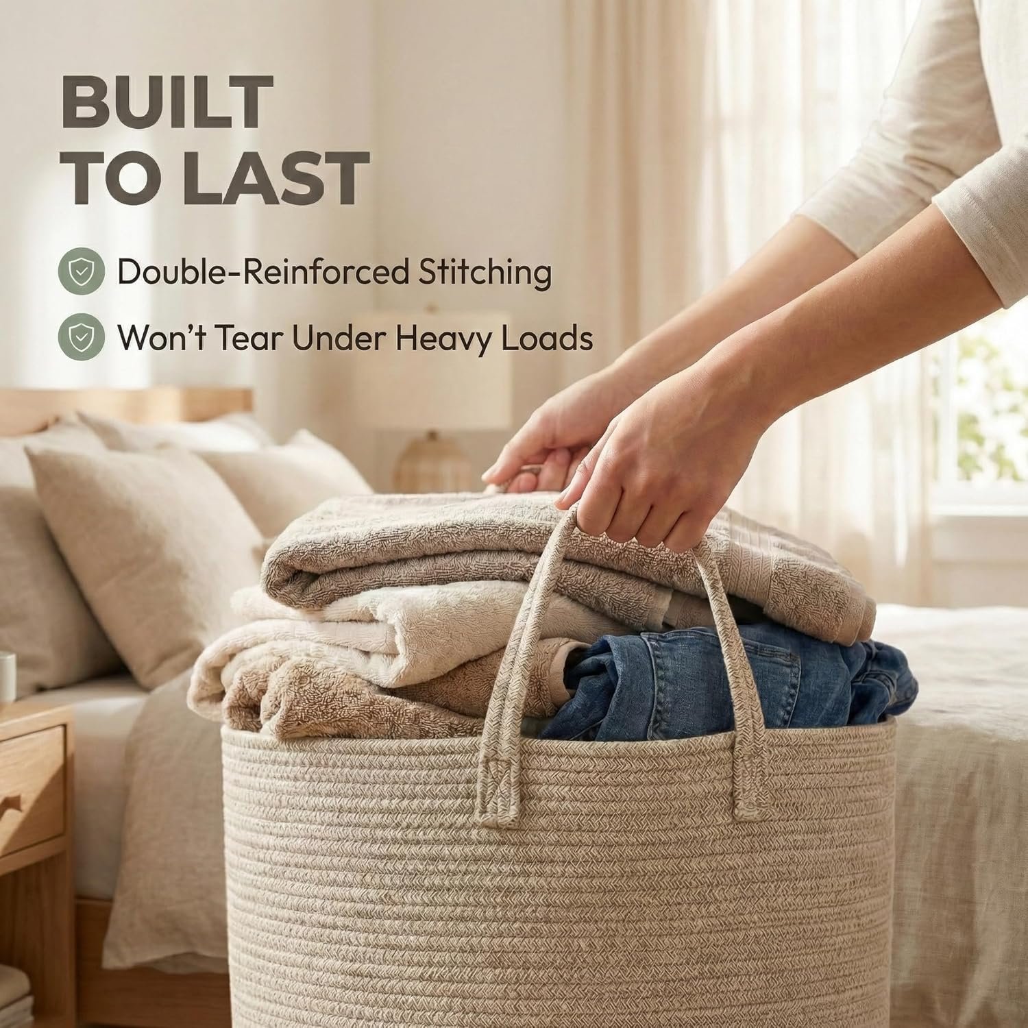 65L Extra Large Blanket Basket for Living Room - Woven Cotton Rope Laundry Hamper with Reinforced Handles - Storage Bin for Pillows, Comforters & Toys - Machine Washable,Oatmeal - Image 3