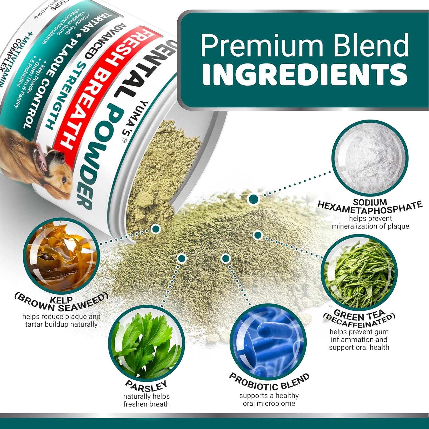 Advanced Dog Dental Powder, Breath Freshener, Dog Teeth Cleaning Powder, Bad Breath & Tartar and Plaque Off Remover for Dogs with Probiotics lab co, Pet Oral Care - 60 Scoops - Made in USA - Image 3