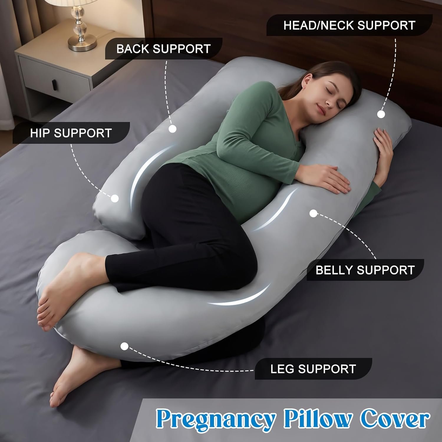 Cooling Pregnancy Pillow Cover (Only Pillowcase) Large U Shaped Full Body Pillowcase Maternity Stretchy Soft Breathable Cool Pillow Cover with Zipper for Side Sleeper (U Shape Pro,59 Inch) - Image 4