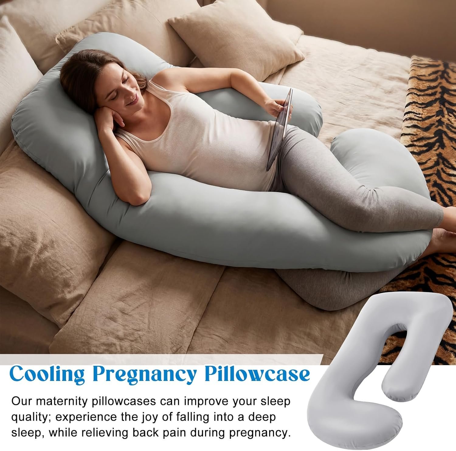 Cooling Pregnancy Pillow Cover (Only Pillowcase) Large U Shaped Full Body Pillowcase Maternity Stretchy Soft Breathable Cool Pillow Cover with Zipper for Side Sleeper (U Shape Pro,59 Inch) - Image 6