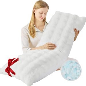 YZ HOME Faux Fur Fluffy Body Pillow for Adults - Firm Body Pillow Insert with Shredded Blue Memory Foam, Adjustable Height, Soft Support for Side Sleeping, Pregnant Women, Washable, 20x54 Inch (White)