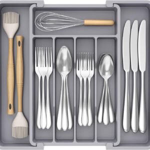 Lifewit Silverware Drawer Organizer, Expandable Utensil Tray for Kitchen, BPA Free Flatware and Cutlery Holder, Adjustable Plastic Storage for Spoons Forks Knives, 8.5-14 x 12", Gray