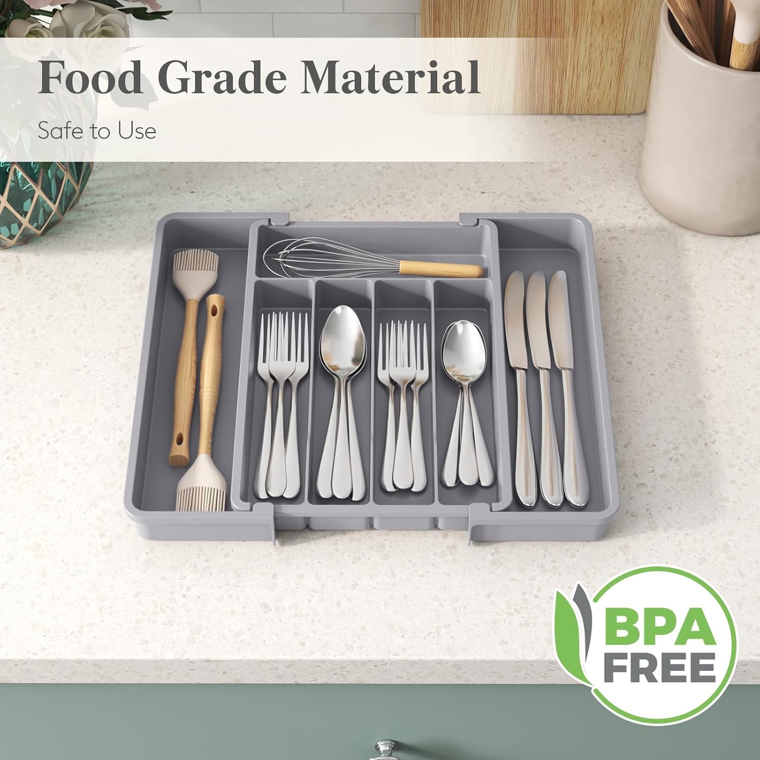 Lifewit Silverware Drawer Organizer, Expandable Utensil Tray for Kitchen, BPA Free Flatware and Cutlery Holder, Adjustable Plastic Storage for Spoons Forks Knives, 8.5-14 x 12", Gray - Image 3