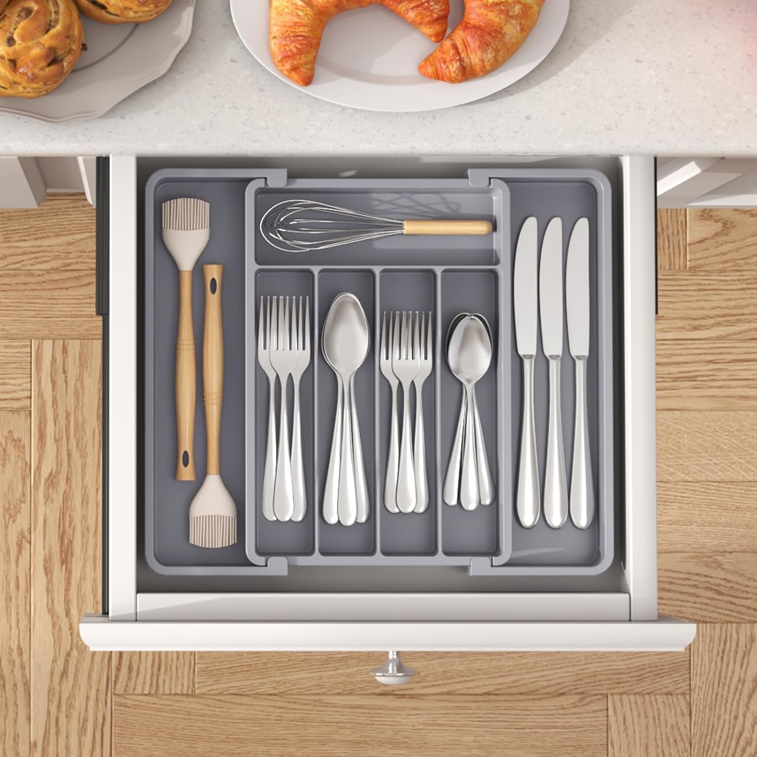 Lifewit Silverware Drawer Organizer, Expandable Utensil Tray for Kitchen, BPA Free Flatware and Cutlery Holder, Adjustable Plastic Storage for Spoons Forks Knives, 8.5-14 x 12", Gray - Image 7
