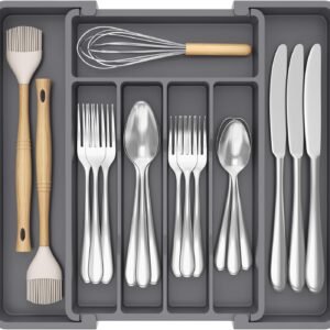 Lifewit Silverware Drawer Organizer, Expandable Utensil Tray for Kitchen, BPA Free Flatware and Cutlery Holder, Adjustable Plastic Storage for Spoons Forks Knives, 8.5-14 x 12", Dark Gray