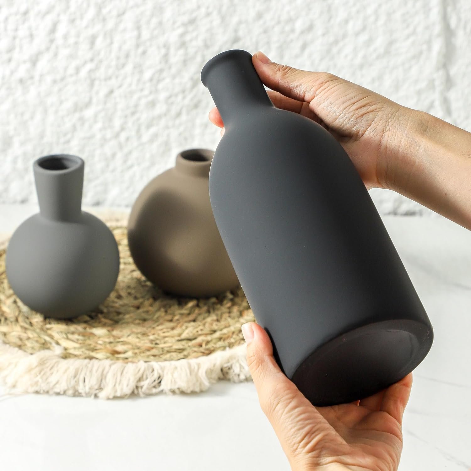 Ceramic Vase Set of 3 | Neutral Vases Home Decor | Modern Flower Pottery Vases Rustic Farmhouse Vase for Table Entryway Mantel Centerpiece Bookshelf Living Room Bathroom Bedroom -Multicolor Large - Image 3