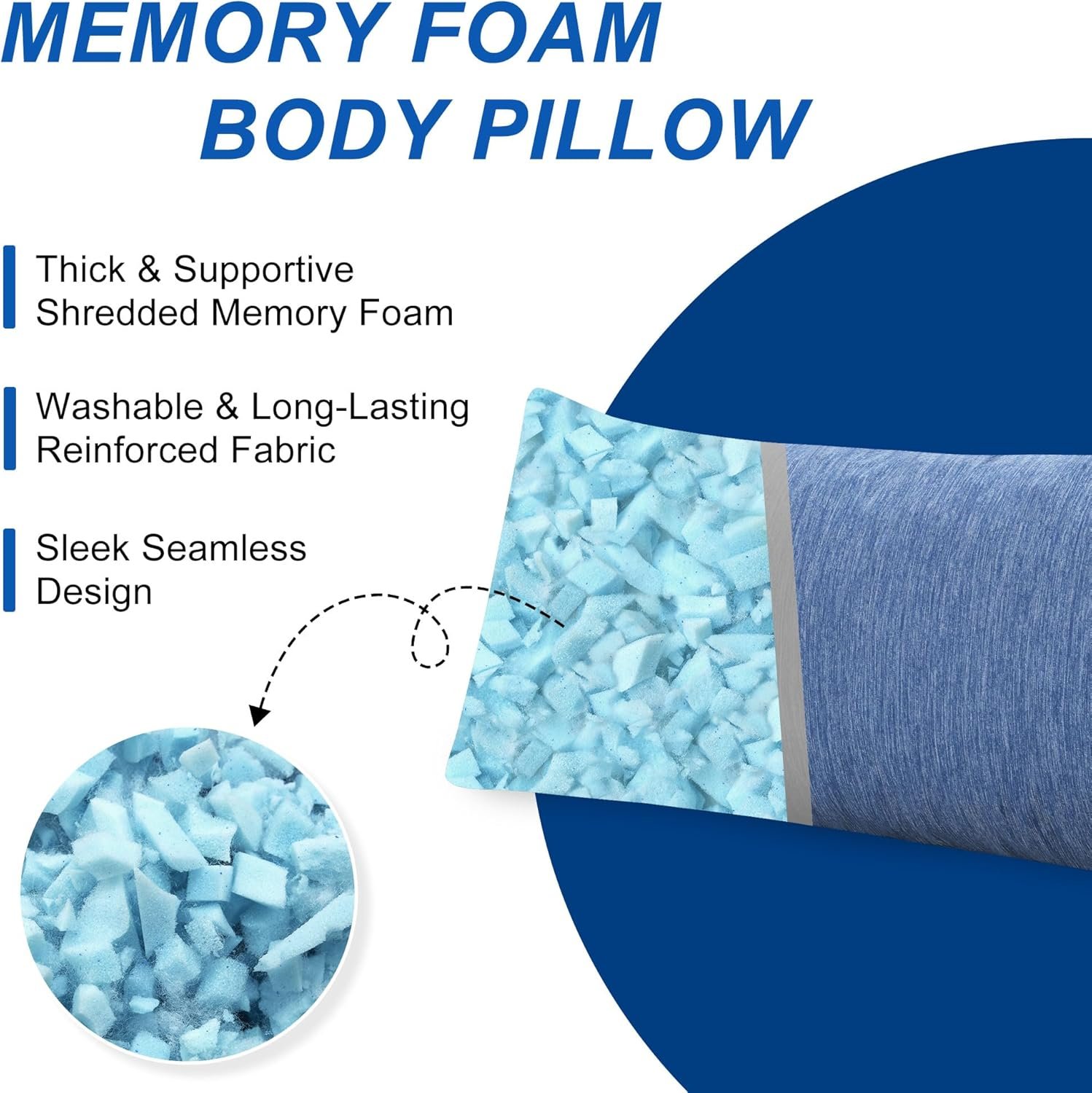 Hiasan Cooling Body Pillows for Adults, Long Memory Foam Body Pillow - Full Size Support for Side Sleepers & Pregnancy, Back Pain Relief, 20x54 Inches, Blue - Image 3