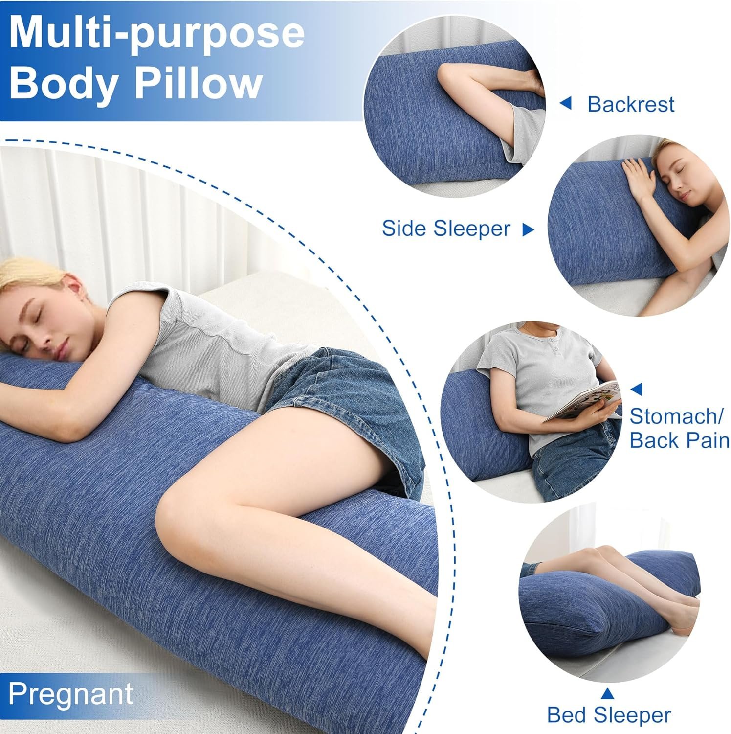 Hiasan Cooling Body Pillows for Adults, Long Memory Foam Body Pillow - Full Size Support for Side Sleepers & Pregnancy, Back Pain Relief, 20x54 Inches, Blue - Image 4