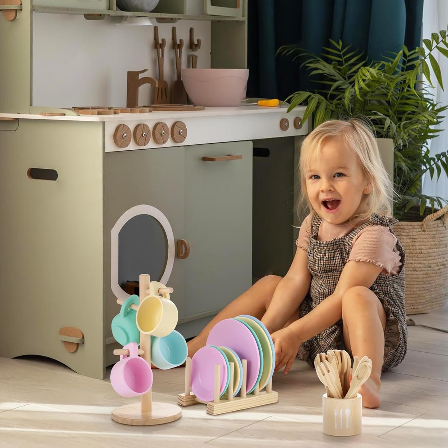 GAGAKU Kids Wooden Play Dishes Set -27Pcs Montessori Play Kitchen Accessories Plates and Bowls Set, Storage Stand & Play Food, Pretend Cooking Toys for Ages 3-5, Educational Gift for Toddler - Image 3