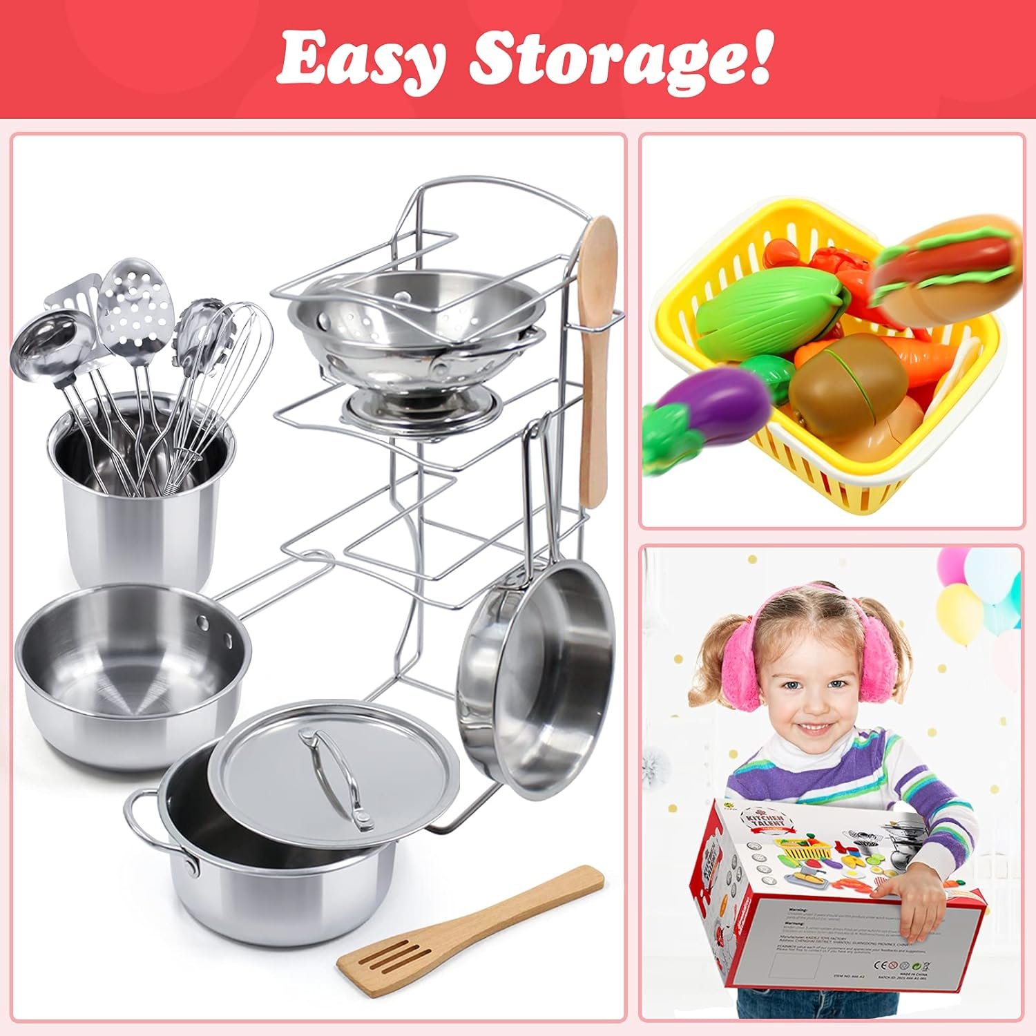Kids Pretend Play Kitchen Toys Accessories Set, 32 Items Stainless Steel Toy Pots and Pans Sets w/ Rack Organizer, Metal Cooking Utensils & Apron, Play Food w/ Basket for Kids Girls Boys Toddlers - Image 3