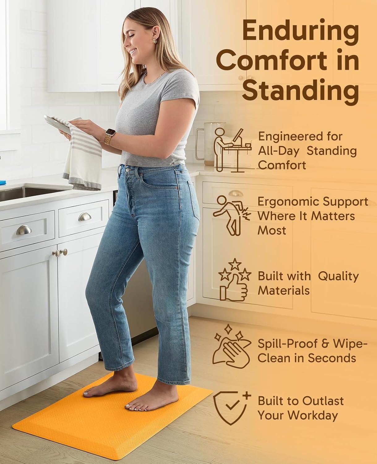 Ophanie Kitchen Mats for Floor, 3/4 Inch Thick Kitchen Rugs, 20''x32'' Anti Fatigue Standing Cushioned Mat, Waterproof,Comfort Ergonomic Mat for Office, Home, Sink,Orange Non-Slip Bottom - Image 3