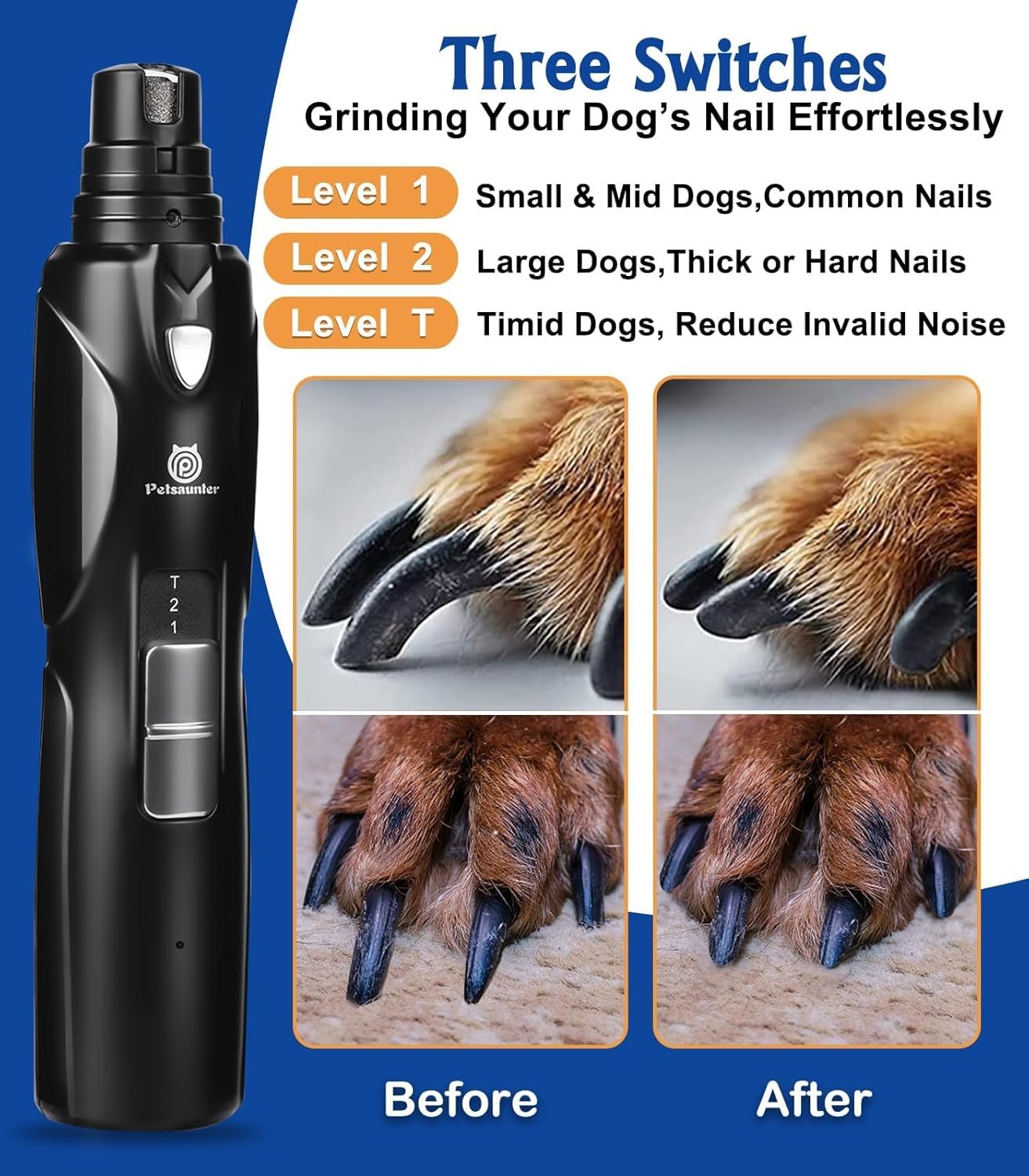 Dog Nail Grinder, 2-Speed and LED Light, Touch-Switch, TypeC, Quiet and Low-Vibration Dog Nail Trimmers, and 3 Ports for Large Dogs, Medium, Small Dogs Cats Pets with Hard or Thick Nail - Image 3