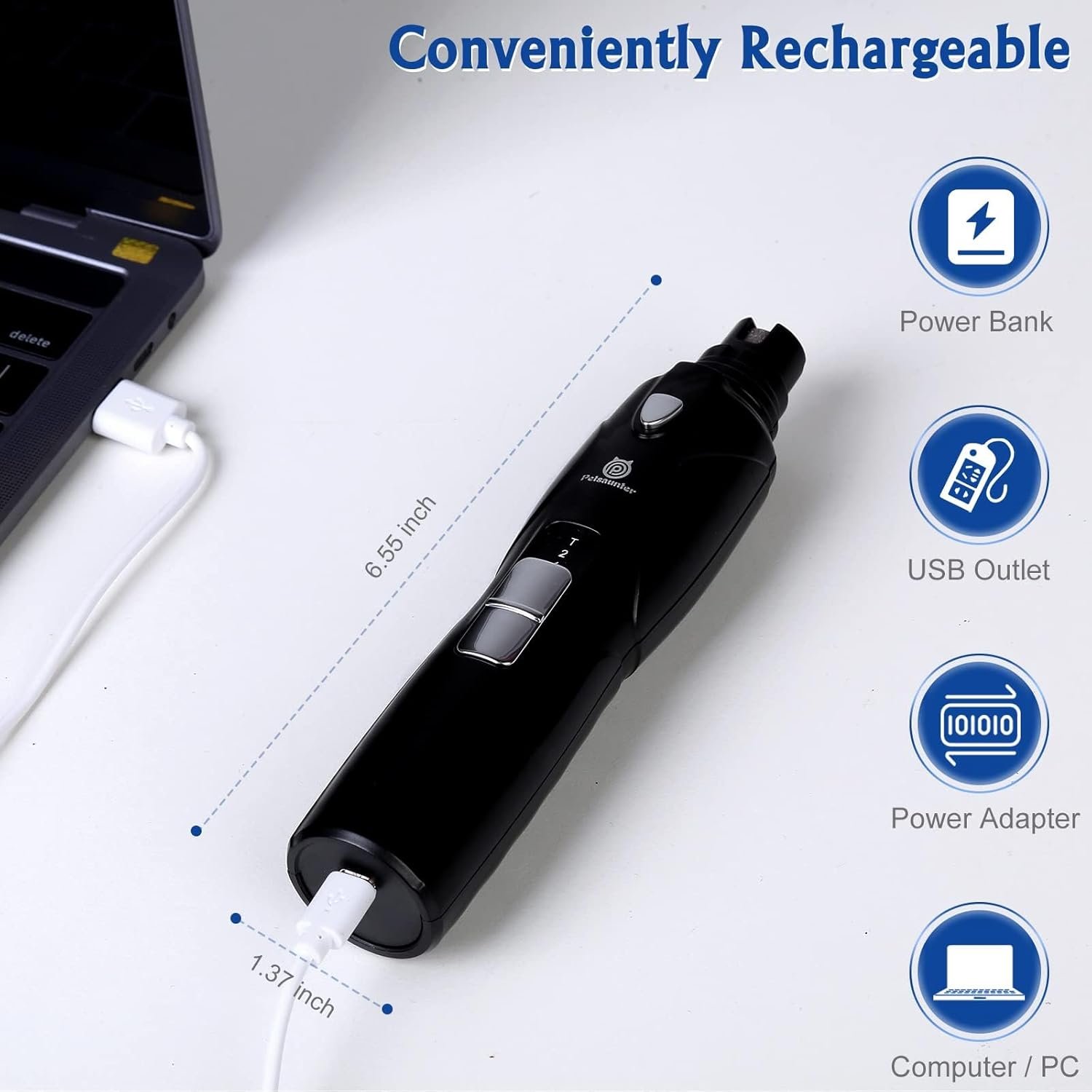 Dog Nail Grinder, 2-Speed and LED Light, Touch-Switch, TypeC, Quiet and Low-Vibration Dog Nail Trimmers, and 3 Ports for Large Dogs, Medium, Small Dogs Cats Pets with Hard or Thick Nail - Image 8