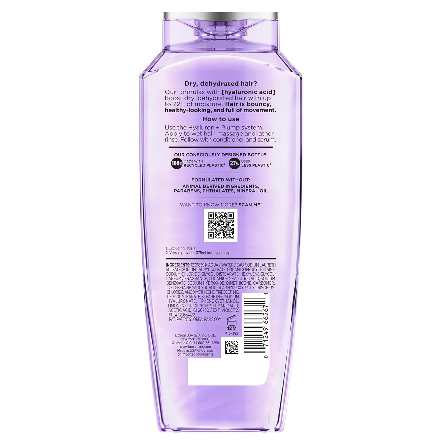 L'Oreal Paris Elvive Hyaluron Plump Hydrating Shampoo for Dehydrated, Dry Hair Infused with Hyaluronic Acid Care Complex, Paraben-Free, 12.6 Fl Oz - Image 3