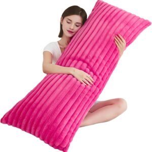 Full Body Pillow with Fluffy Stripe Faux Fur Removable Cover, Long Bed Pillow Adult 20x54 Inches for Side Sleeper and Pregnancy, Hot Pink.