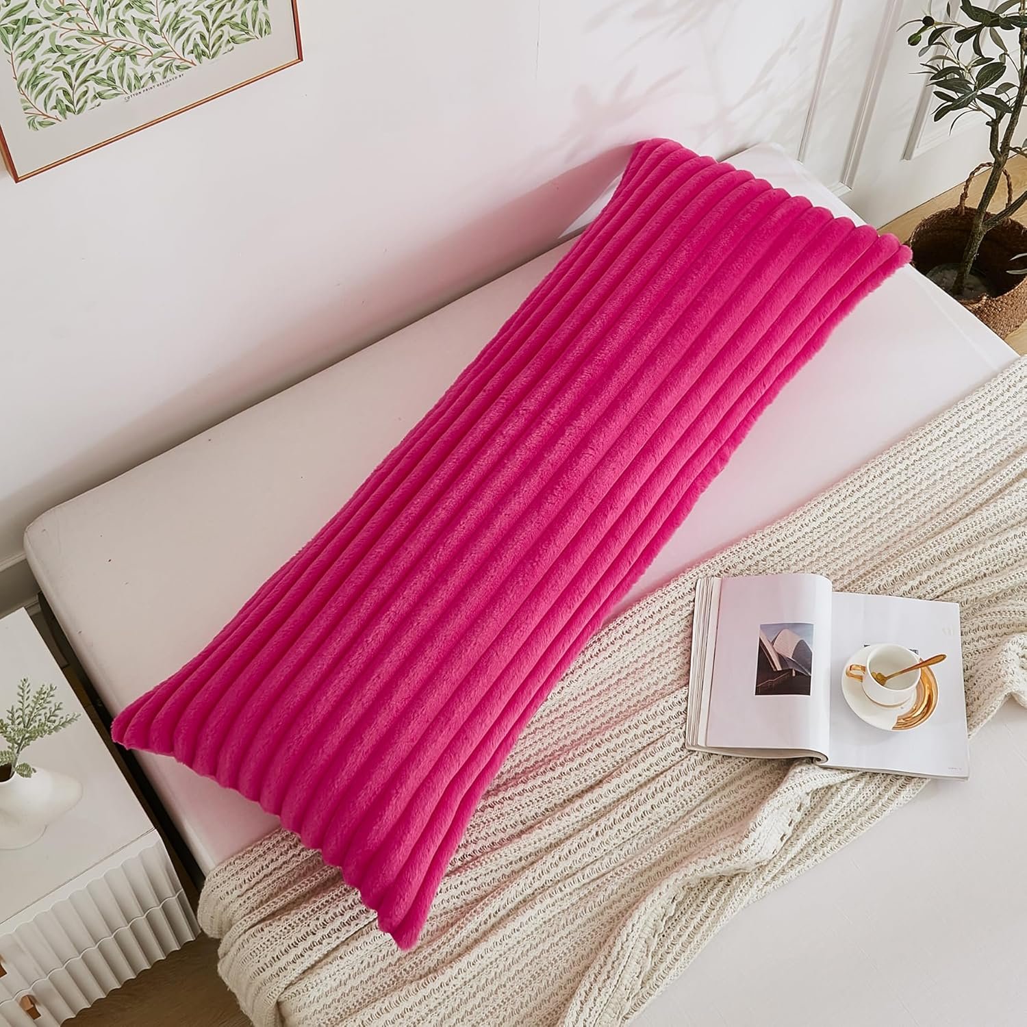 Full Body Pillow with Fluffy Stripe Faux Fur Removable Cover, Long Bed Pillow Adult 20x54 Inches for Side Sleeper and Pregnancy, Hot Pink. - Image 3