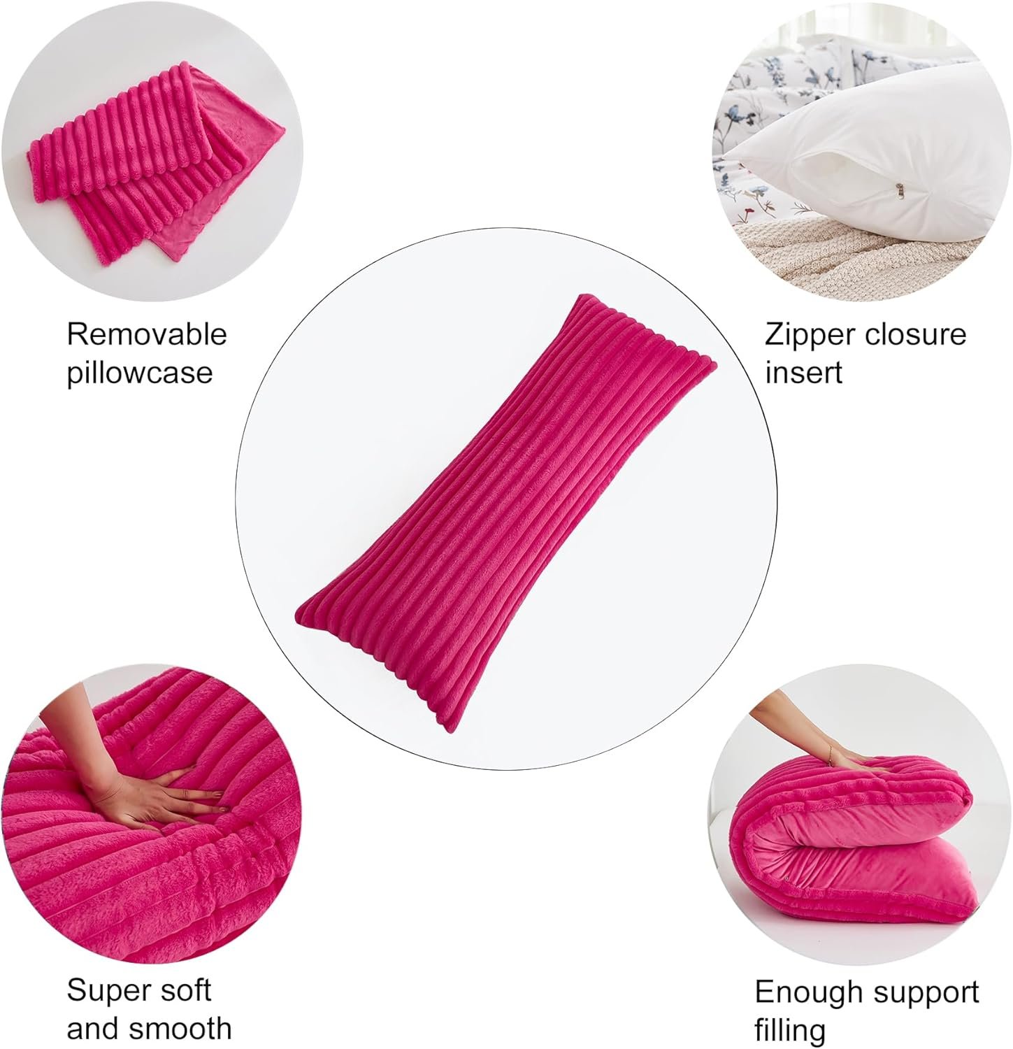 Full Body Pillow with Fluffy Stripe Faux Fur Removable Cover, Long Bed Pillow Adult 20x54 Inches for Side Sleeper and Pregnancy, Hot Pink. - Image 4
