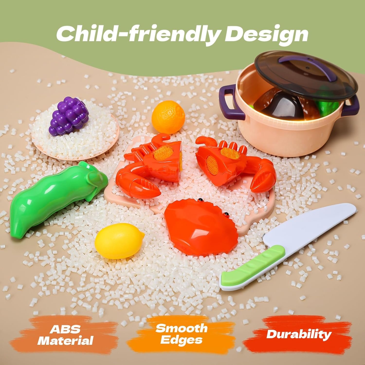 CUTE STONE 51-Piece Mini Play Kitchen Accessories for Kids, Pretend Cooking Playset with Pots, Pans, Utensils, Cutting Fun Fruits & Veggies, Learning Gift for Toddlers, Girls & Boys - Image 4