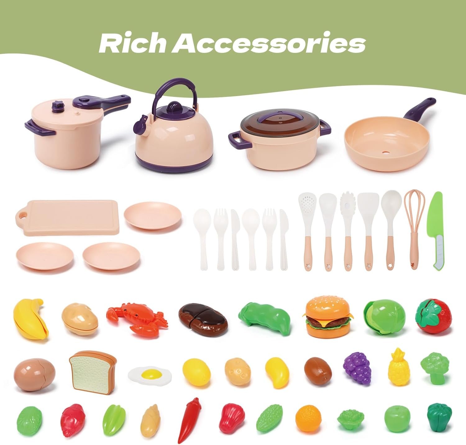CUTE STONE 51-Piece Mini Play Kitchen Accessories for Kids, Pretend Cooking Playset with Pots, Pans, Utensils, Cutting Fun Fruits & Veggies, Learning Gift for Toddlers, Girls & Boys - Image 9