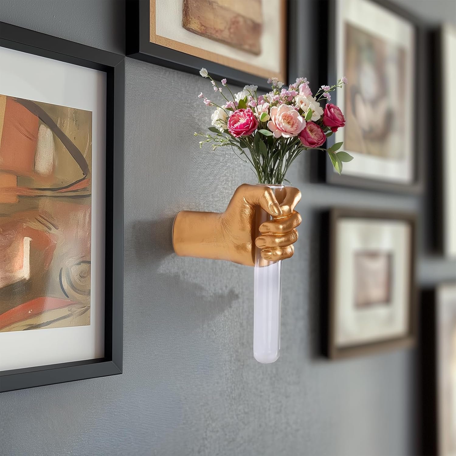 Gold Wall Sculptures, Hand Vases Home Decor, Wall Mount Art Sculpture, Unique Wall Art Statue, Funky Flower Vase Decorations, Modern Eclectic Hanging Decor,Glass Test Tube Vase - Image 4