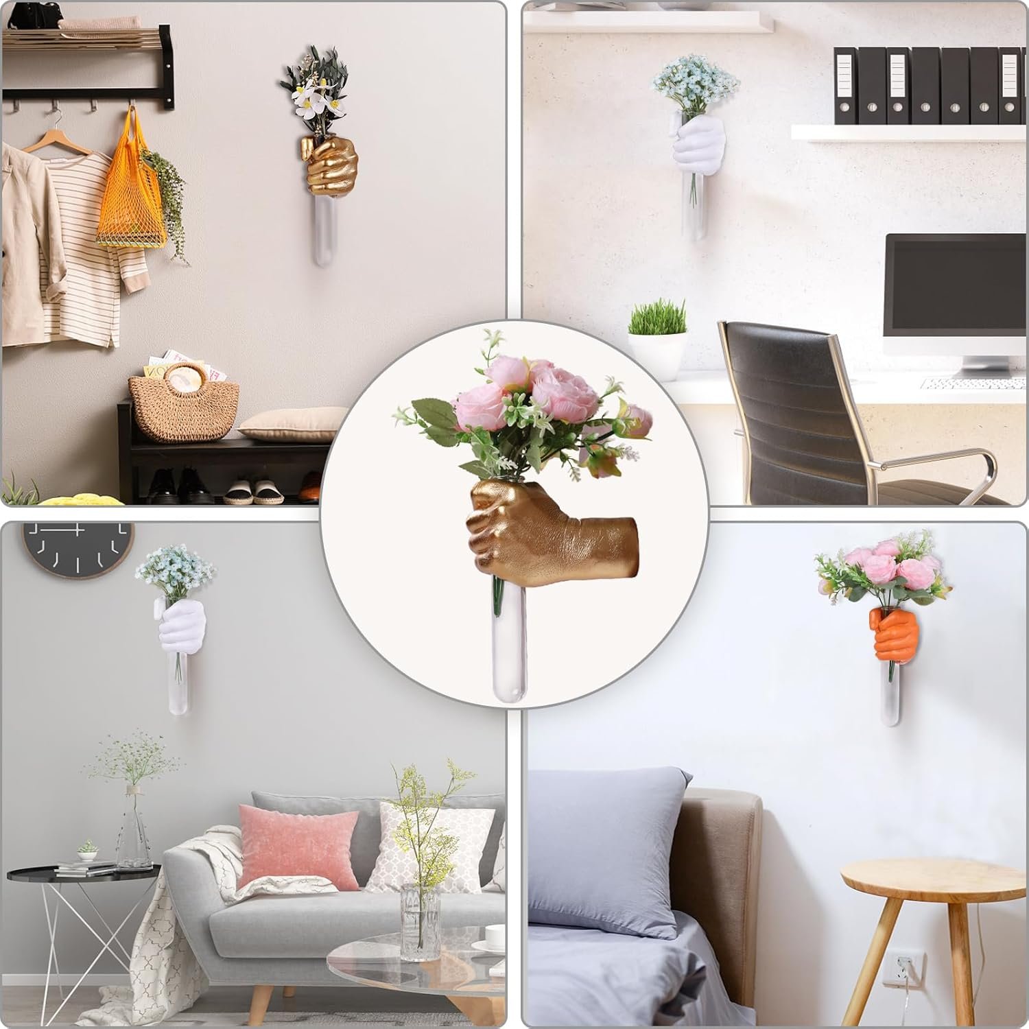 Gold Wall Sculptures, Hand Vases Home Decor, Wall Mount Art Sculpture, Unique Wall Art Statue, Funky Flower Vase Decorations, Modern Eclectic Hanging Decor,Glass Test Tube Vase - Image 8