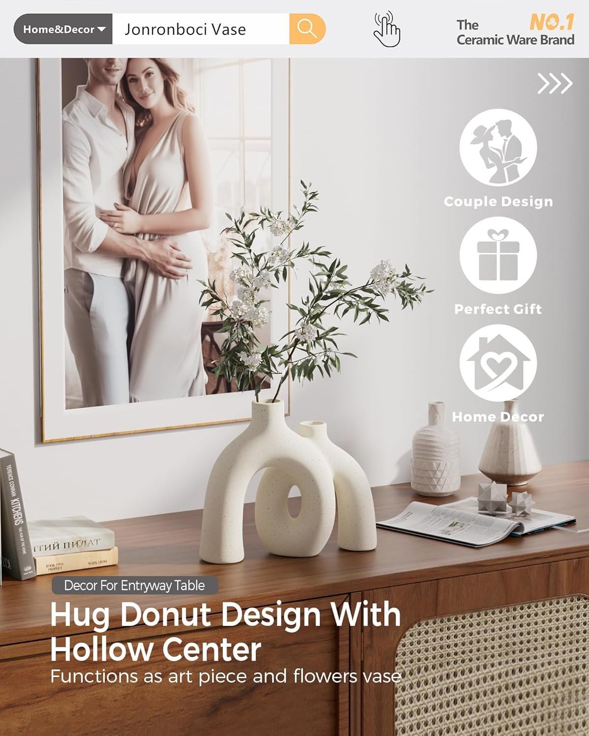 Hug Donut Decorative Vase Set - Modern Nordic Boho Style Vases Home Decor, Matte Ceramic Decorations for Living Room Shelf, Bookshelf Mantle Entryway Table or Console Décor (Cream White) - Image 3