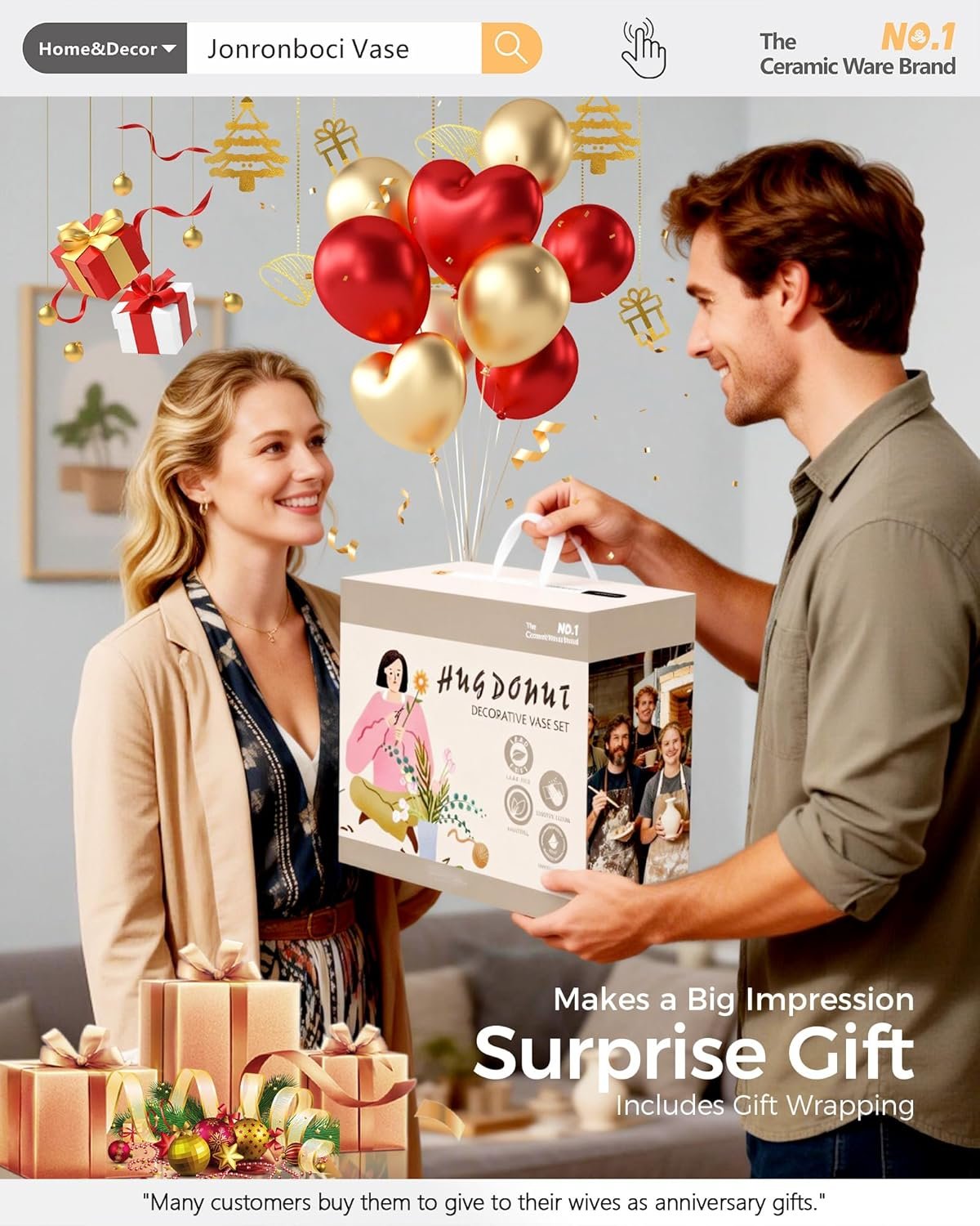 Hug Donut Decorative Vase Set - Modern Nordic Boho Style Vases Home Decor, Matte Ceramic Decorations for Living Room Shelf, Bookshelf Mantle Entryway Table or Console Décor (Cream White) - Image 5