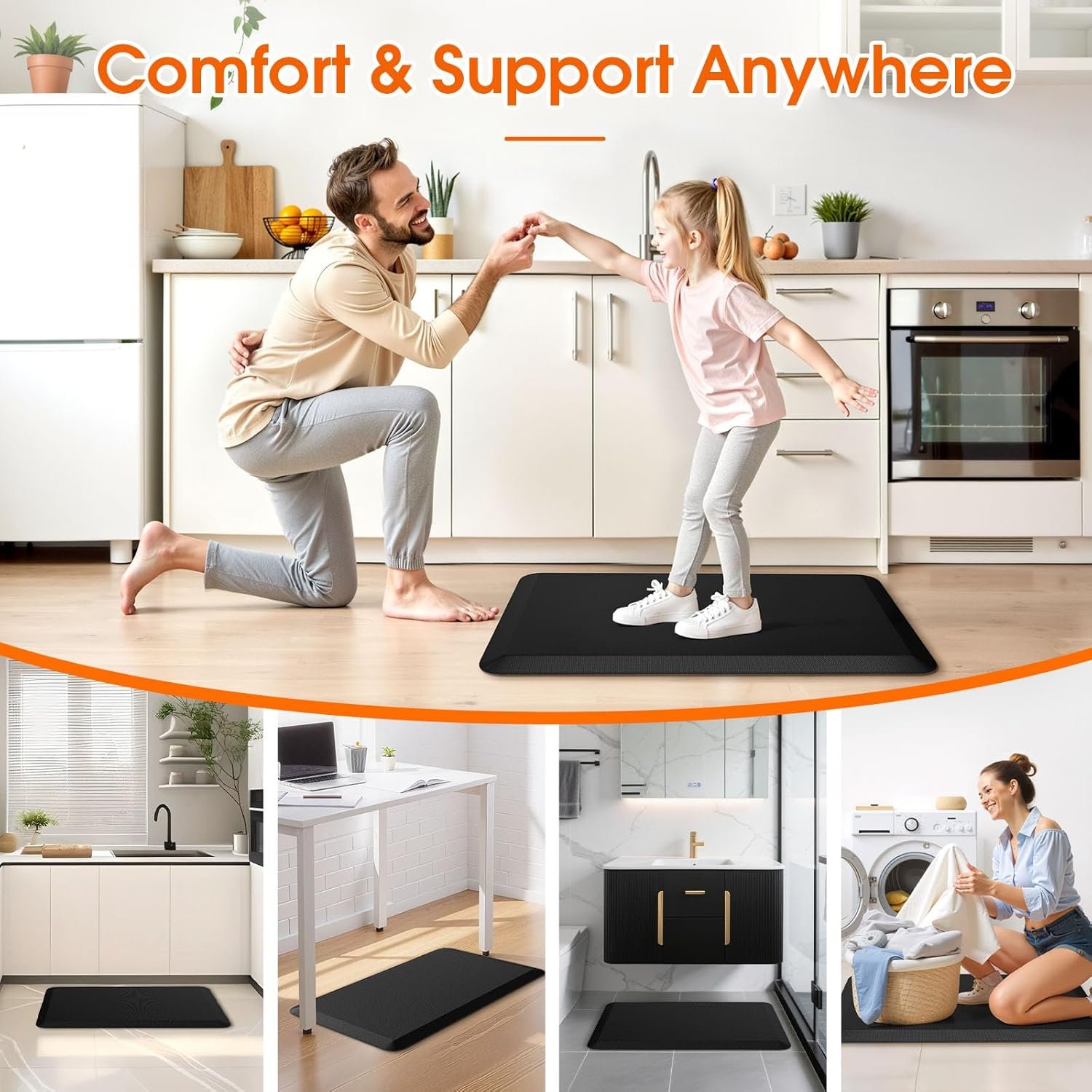 Kitchen Mat, Cushioned Thick Floor Comfort Mat, with Non-Slip Bottom, Water & Stain Resistant, Easy Clean Standing Desk Mat for Kitchen, Sink, Office (17.3"x28", Black) - Image 3