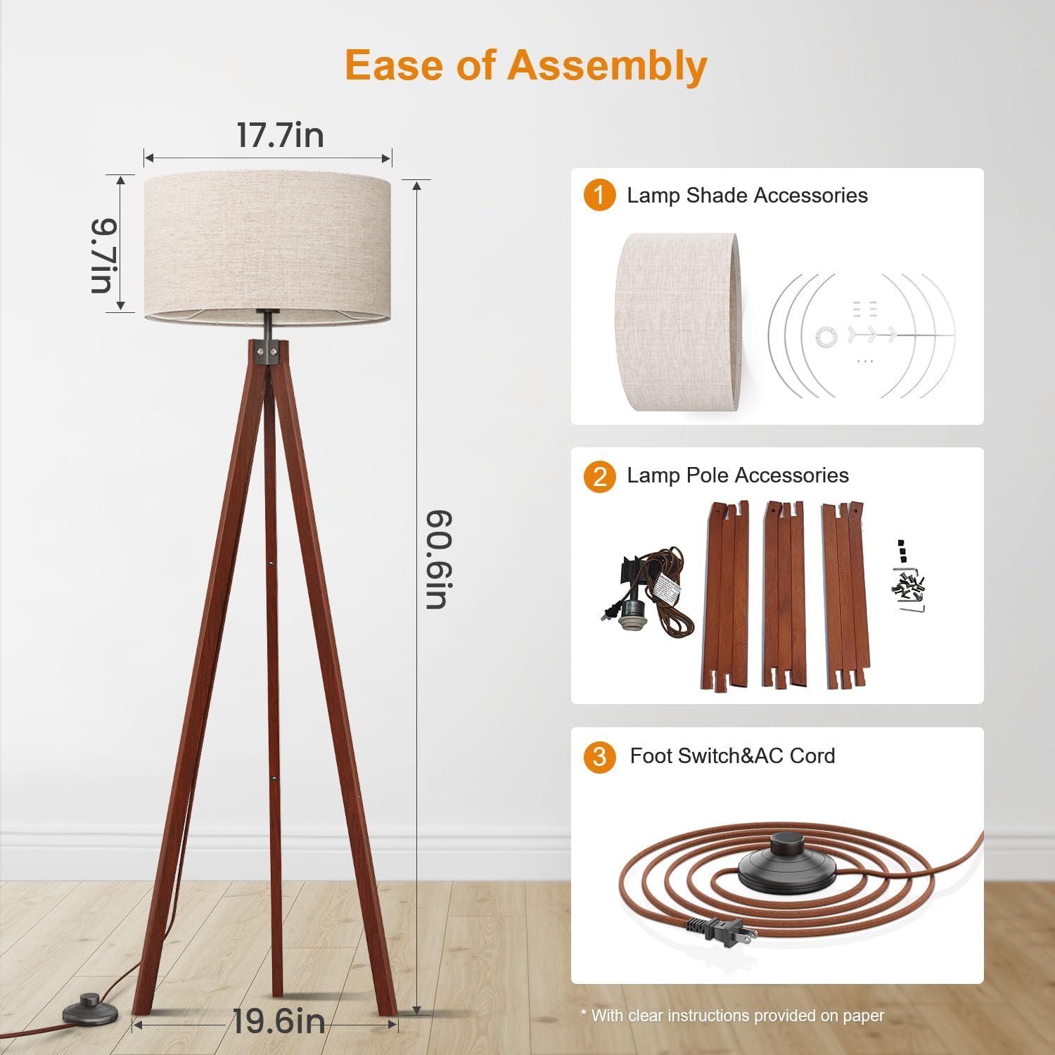LEPOWER Wood Tripod Floor Lamp, Mid Century Standing Lamp, Modern Design Studying Light for Living Room, Bedroom, Study Room and Office, Flaxen Linen Shade with E26 Base Brown - Image 4