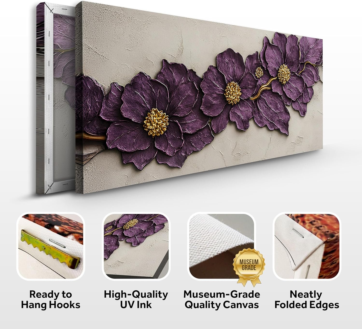 TAILORED CANVASES Purple Flower Plaster Wall Art Floral Decor Canvas Artwork Botanical Modern Home Interior Decorative Hanging Elegant Statement Design Gallery Display Living Bedroom Office 48x24