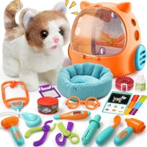 17PCS Interactive Cat Toys for Kids, Toys for 3 4 5 6 7 8 Year Old Girls Kids Boys, Walking & Meowing Cat Toy with Sound, Veterinarian Playset for Toddlers, Idea Birthday Gifts for Little Girls