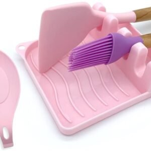 2 Pack Multiple Utensil Spoon Rest with Drip Pad Non-Slip Heat Resistant Kitchen and Grill Spoon Holder for Spatula, Ladle, Tongs, Kitchen Gadgets, and Cooking Accessories (Cute Pink)