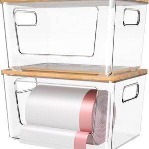 2 Pack Trash Bag Holder with Bamboo Lid, Stackable Trashbag Dispenser, Extra Large Garbage Bag Holder for Kitchen Laundry Room Under Sink Organization and Storage