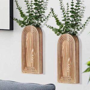 2 Pack Wooden Wall Vase Set - Brown Finish Modern Farmhouse & Boho Wall Decor for Entryway, Hallway, Bathroom, Living Room, Dining Room, Narrow Spaces