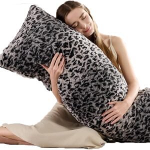 20 x 54 Inch Fluffy Leopard Print Body Pillow,Cheetah Print Plush Fuzzy Faux Fur Body Pillow,Shaggy Furry Long Pillow for Pregnant Women Side Sleeper, Grey