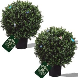 24" H x 17" W Artificial Boxwood Topiary Ball – Realistic UV-Resistant Artificial Shrub with Weighted Pot, Set of 2 – Indoor/Outdoor Year-Round Green Décor for Porch, Garden, Patio