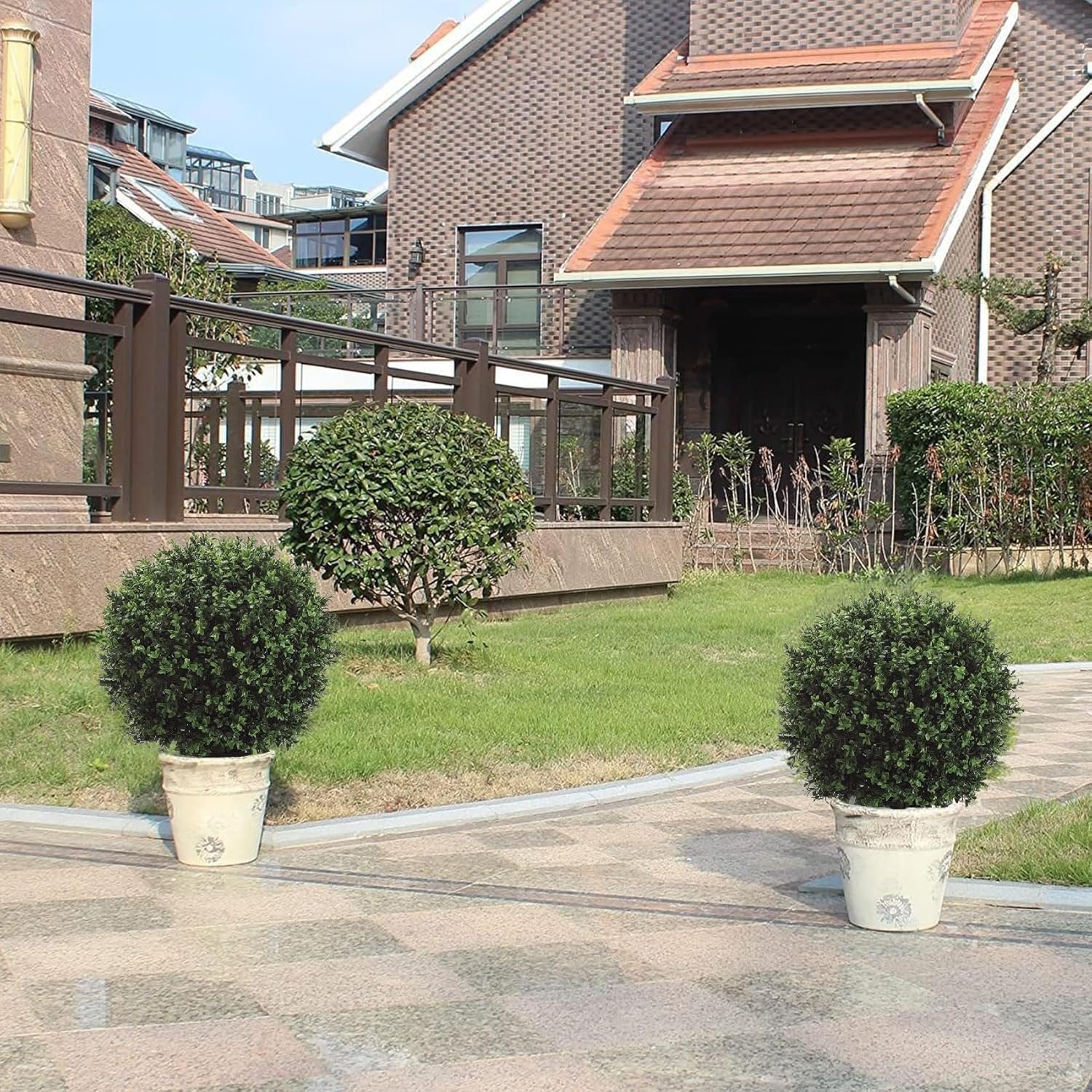 24" H x 17" W Artificial Boxwood Topiary Ball – Realistic UV-Resistant Artificial Shrub with Weighted Pot, Set of 2 – Indoor/Outdoor Year-Round Green Décor for Porch, Garden, Patio - Image 2