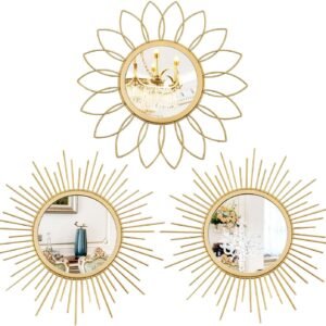 3 Pack Metal Mirrors for Wall Sunburst Wall Mirrors Home Décor Decorative Hanging Wall Art for Living Room Bedroom Entryway (Gold, Flower+Sunburst)