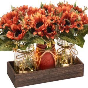 3 Pcs Fall Mason Jar Centerpiece Table Decorations for Dining Table Decor Farmhouse Coffee Table Decor with Wood Tray and Led Light Table Centerpieces for Dining Room Kitchen Living,Orange