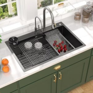 33x22 Gunmetal Black Drop In Kitchen Sink with Faucet, Waterfall Feature & Cup Washer, 16 Gauge 304 Stainless Steel, Workstation Accessories 3-Hole Sink for Residential Kitchen #TLWF-0001