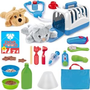 34-Piece Kids Pretend Vet Playset, Veterinarian Role Play Doctor Toy Kit with Plush Dog & Cat, Pet Care Grooming Set with Carrier & Medical Tools
