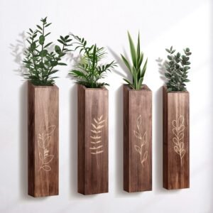 4 Pack Wood Indoor Wall Planter, Modern Boho Wall Decor for Living Room Bedroom, Farmhouse Pocket Vases for Dried Flowers and Faux Greenery Plants - Brown