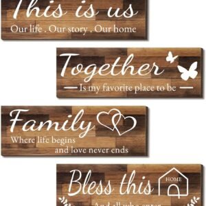 4 Pieces Home Wall Signs, THIS IS US/TOGETHER/BLESS THIS HOME/FAMILY Wall Decor For Living Room Bedroom, Rustic Wooden Farmhouse Wall Art , 4.7 x 13.8 Inch(Brown)