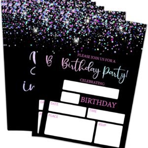 4" x 6" Black Glitter Birthday Invitation Cards - 20Pcs Double Sided Invitation Cards & 20Pcs Envelopes - Modern Birthday Party Invites For Boys, Girls - A05