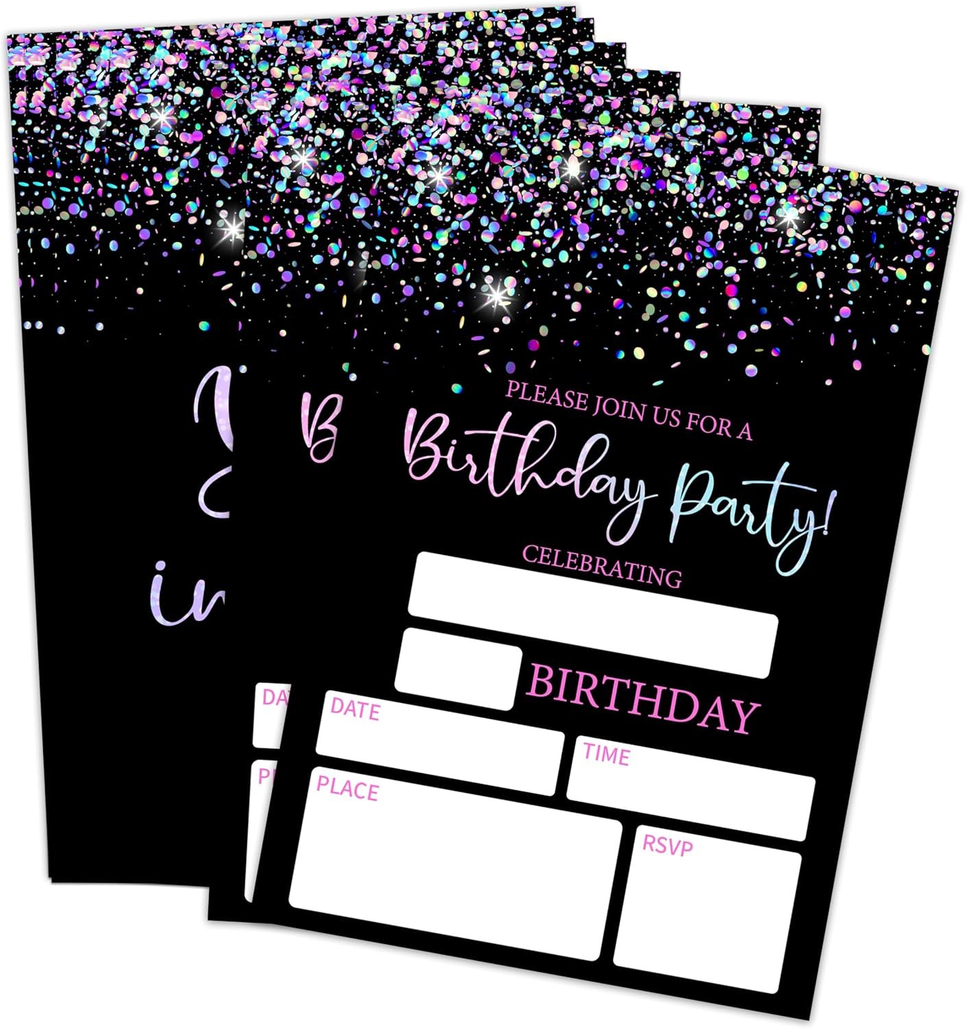 4" x 6" Black Glitter Birthday Invitation Cards - 20Pcs Double Sided Invitation Cards & 20Pcs Envelopes - Modern Birthday Party Invites For Boys, Girls - A05