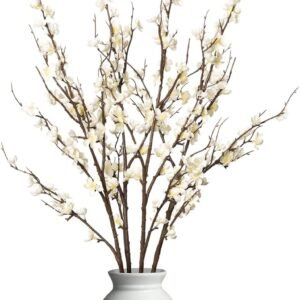 4Pcs Cherry Blossom Branches Artificial Flowers for Spring Summer Indoor Decoration,Faux Long Stem Artificial Flowers for Wedding Home Office Bedroom Party Table Centerpieces Decor(White)