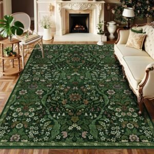 5×7 Dark Green Washable Floral Area Rug,Vintage Boho Soft Low-Pile Living Room Rugs, Stain Resistant Botanical Non-Slip Carpet for Bedroom,Dining Room, Kids Nursery,Home Decor
