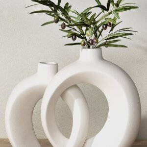 7.2″Hx8.9″H Donut Shape Decorative Vase Set of 2, Ceramic, Modern Minimalism Styles, Flowers or Plant Table Vases for Home Decor Living Room Shelf Entry Console Mantle Dining Centerpiece (Matte White)
