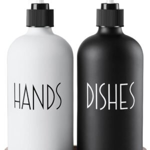 ALELION Glass Dish Soap Dispenser for Kitchen - 16 OZ Hand Soap Dispenser Set with Pump and Acacia Wood Tray - Black White Modern Farmhouse Kitchen Bathroom Decor and Accessories