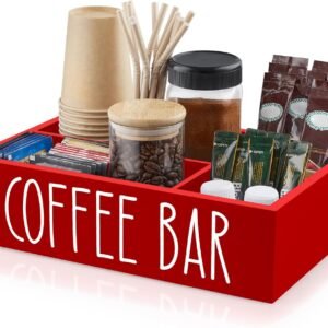 ALELION Red Coffee Station Organizer with Removable Dividers - Coffee Pod Holder Storage Basket for K Cup Sugar Tea - Red Coffee Bar Kitchen Decor Accessories Organizer for Countertop